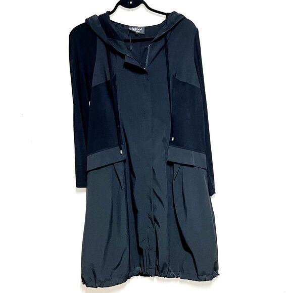 Red Coral Long Black Hooded Lightweight Zip Front Trench Coat Womens Sz S 12/14 - Picture 1 of 8